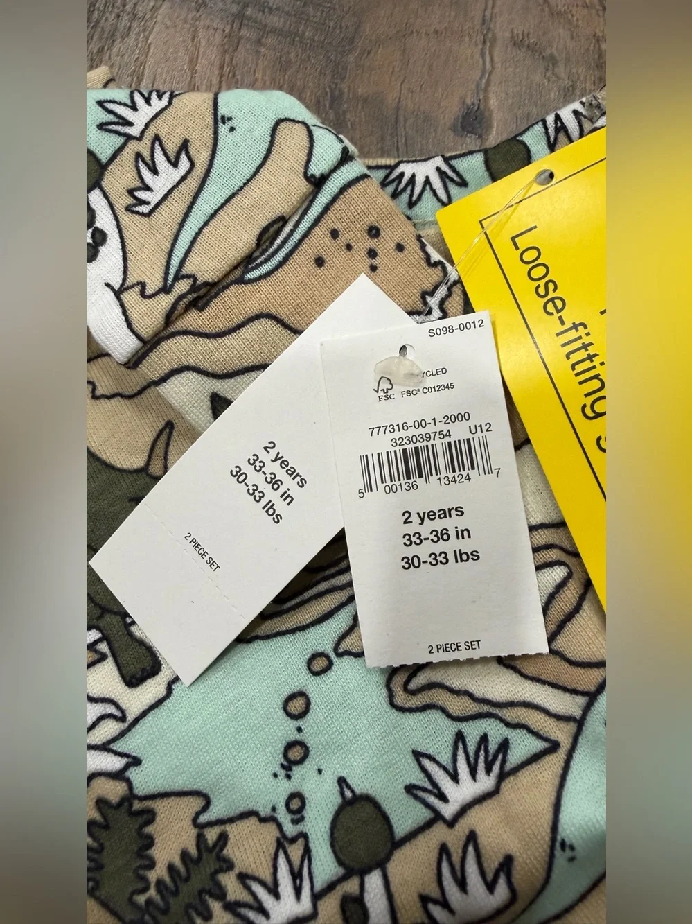 Baby Gap Organic Cotton Pajama Set, Size 2T, Dinosaur Print, Brown White, NEW